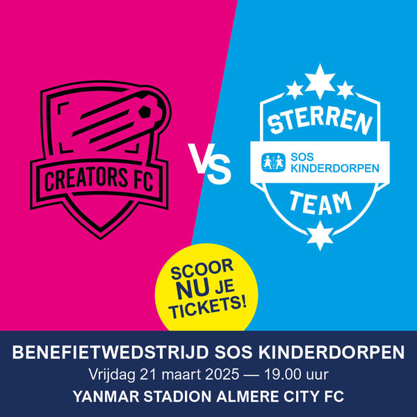 Aankondiging benefietwedstrijd SOS Kinderdorpen Creators FC vs. SOS Sterrenteam 21 maart 2025 Yanmar Stadion Almere City FC